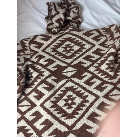STEVE MADDEN Geometric Print Hooded Cardigan Sweater XXL Brown Cream - Picture 7 of 15